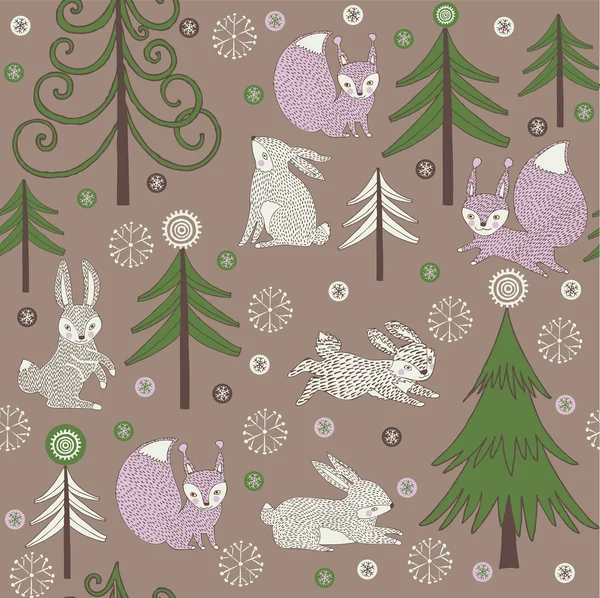 Christmas forest met cartoon schattig konijnen — Stockvector