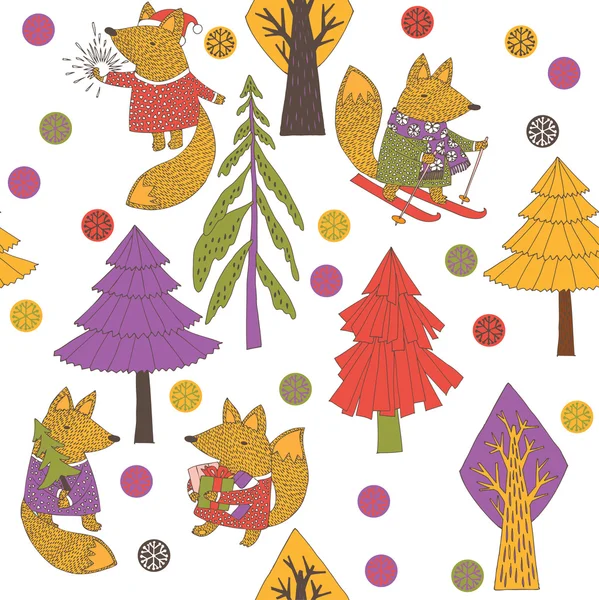 Рождественский лес с мультяшными милыми лисами — стоковый вектор