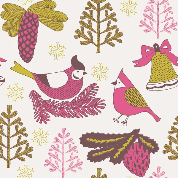 Natale senza cuciture sfondo con uccelli carino — Vettoriale Stock