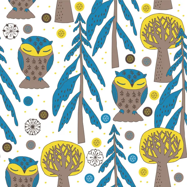 Christmas forest met kleurrijke uilen — Stockvector