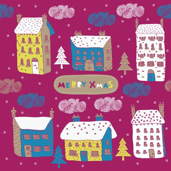 圣诞背景与多彩的房子 — 图库矢量图片
