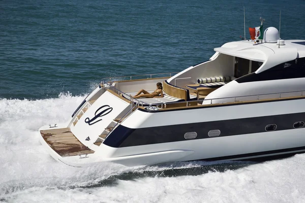 Italy, Tyrrhenian Sea, Tecnomar 26 luxury yacht, aerial view Stock Picture