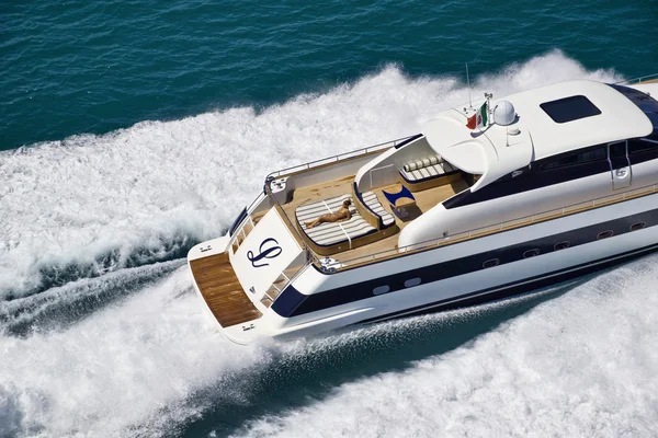 Italy, Tyrrhenian Sea, Tecnomar 26 luxury yacht, aerial view Stock Photo