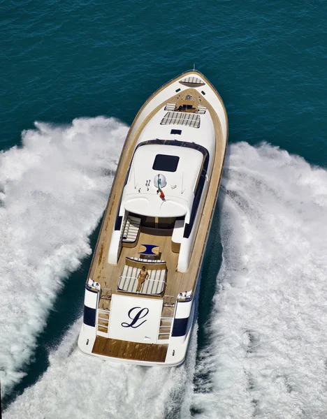 Italy, Tyrrhenian Sea, Tecnomar 26 luxury yacht, aerial view Royalty Free Stock Images