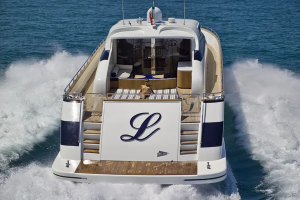 Italy, Tyrrhenian Sea, Tecnomar 26 luxury yacht, aerial view Stock Image
