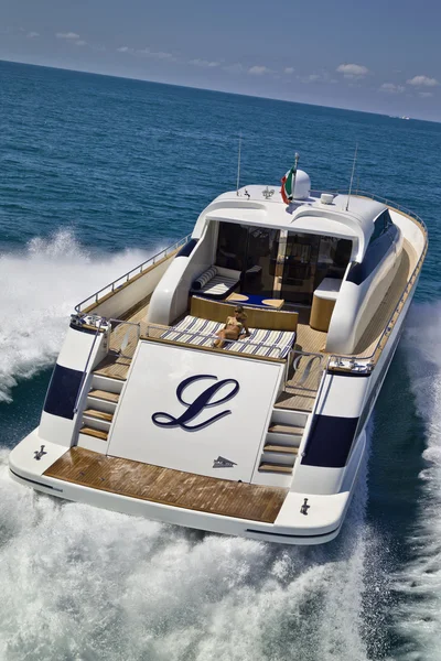 Italy, Tyrrhenian Sea, Tecnomar 26 luxury yacht, aerial view Royalty Free Stock Photos