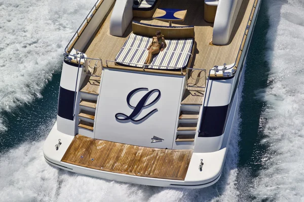 Italy, Tyrrhenian Sea, Tecnomar 26 luxury yacht, aerial view Stock Picture