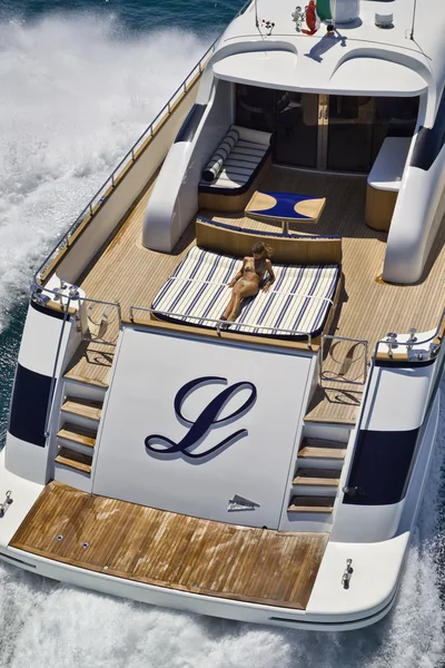Italy, Tyrrhenian Sea, Tecnomar 26 luxury yacht, aerial view Royalty Free Stock Images