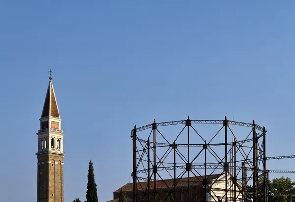Italy, Venice, bell tower and an old gasometer structure — Stock Photo, Image