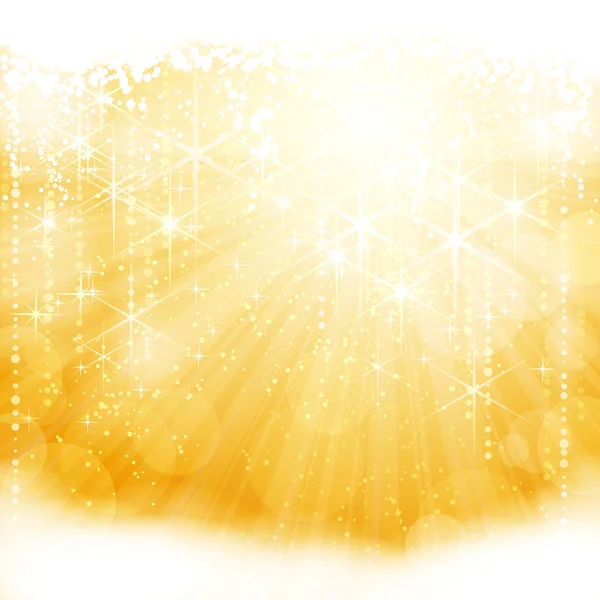 Абстрактный золотой сверкающий свет, вспыхнувший звездами и размытыми огнями — стоковый вектор
