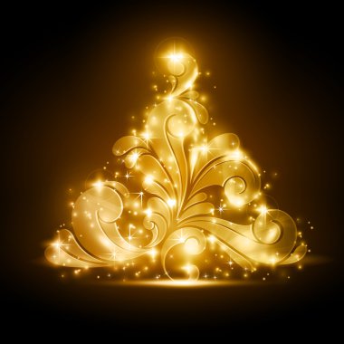 Christmas tree with golden glow and sparkles clipart