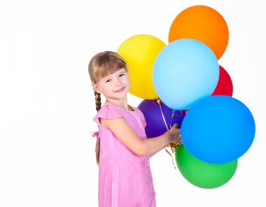 Smiling girl holding balloons branch isolated on white background clipart