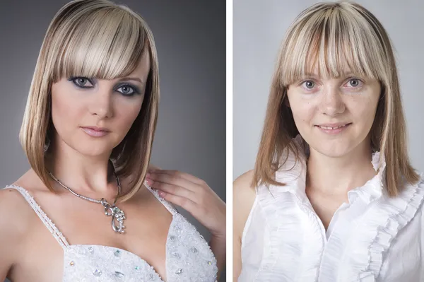 Pretty young woman before and after makeover in studio — Stock Photo, Image