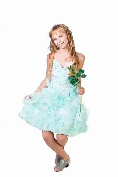 아주 어린 소녀 흰색 배경에 고립 된 꽃과 인사 스톡 사진