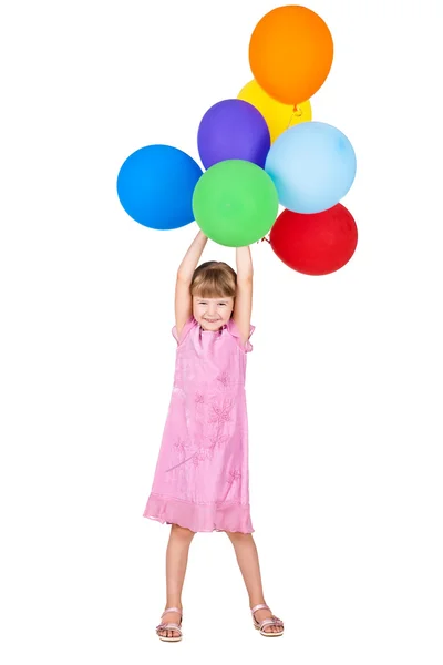 Laughing little girl holding balloons bunch isolated on white background — Stock Photo, Image