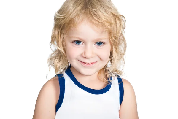 Pequena menina sorridente isolado no fundo branco — Fotografia de Stock