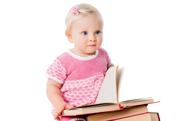 Sevimli küçük kız ile izole kitap — Stok fotoğraf