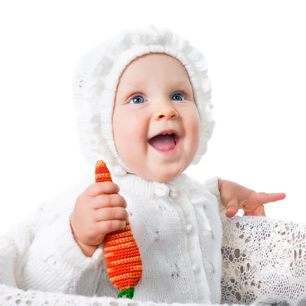 Infant smiling girl with parrot isolated on white background — Stock Photo, Image
