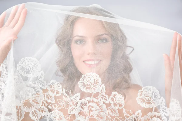 Retrato de novia hermosa bajo el velo sobre fondo neutro — Foto de Stock