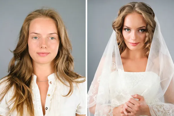 Hermoso retrato de novia antes y después del cambio de imagen en el estudio —  Fotos de Stock
