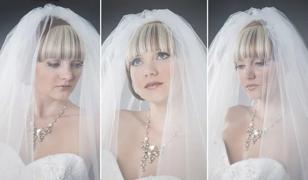 Коллаж из трех лиц невесты под покрывалом на нейтральном фоне — стоковое фото