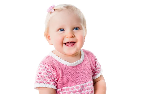 Closeup portrait of smiling infant girl isolated on white backgr Royalty Free Stock Images