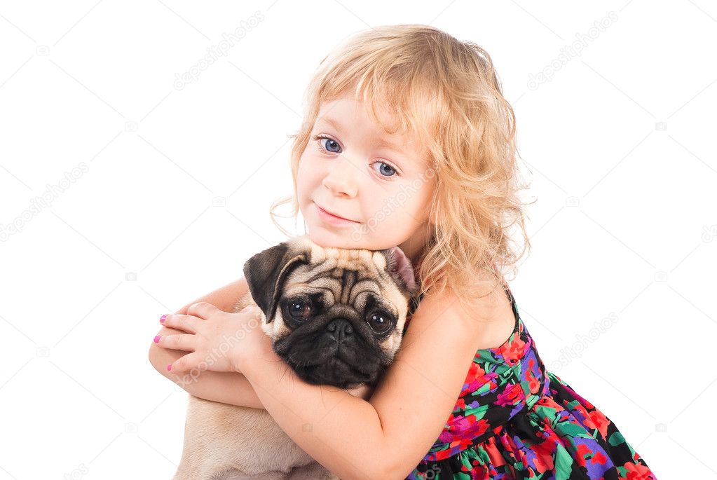 Isolated portrait of pretty girl hugging pug dog on white background