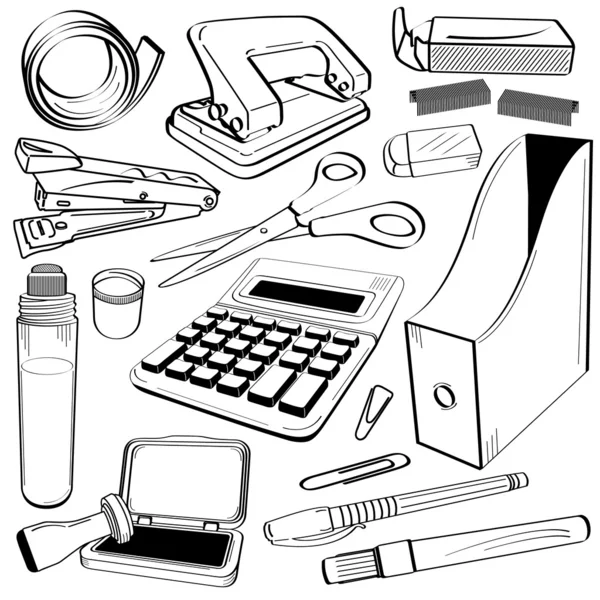 Herramientas de papelería de oficina Doodle — Vector de stock
