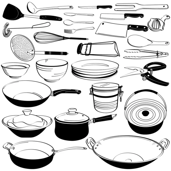 Wyposażenie kuchni narzędzie naczynie doodle szkic rysunku — Wektor stockowy