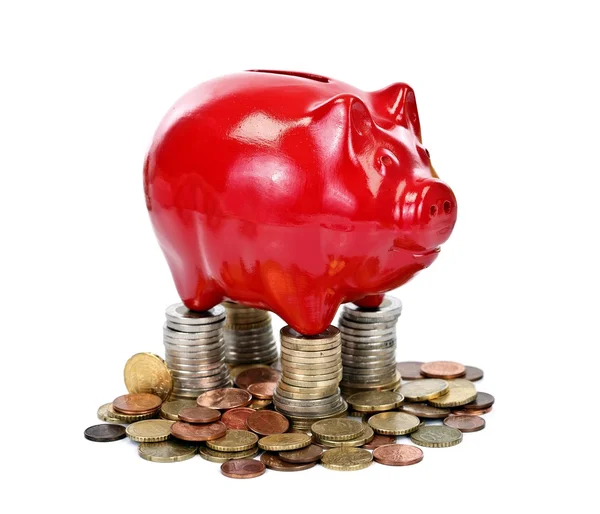 Piggy bank on coins — Stock Photo, Image