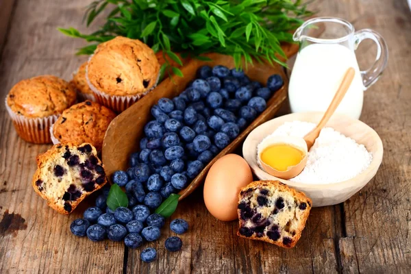 Blueberry muffin with ingredients — Stock Photo, Image