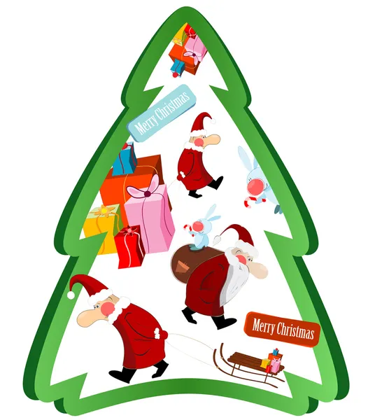 Albero di Natale con Babbo Natale e regali — Vettoriale Stock