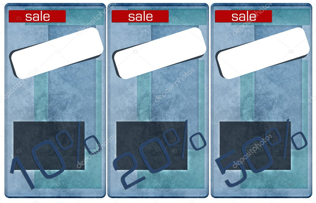 Sale jeans tags, price and discount percents
