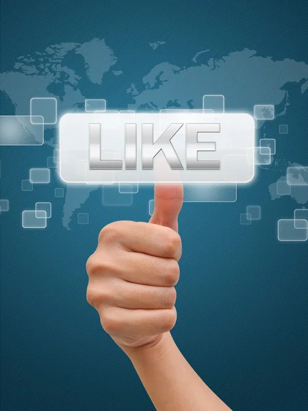 Hand thumb up on like button — Stock Photo, Image