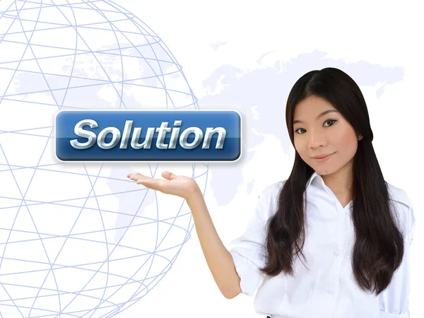 Mulher de negócios com botão de solução — Fotografia de Stock