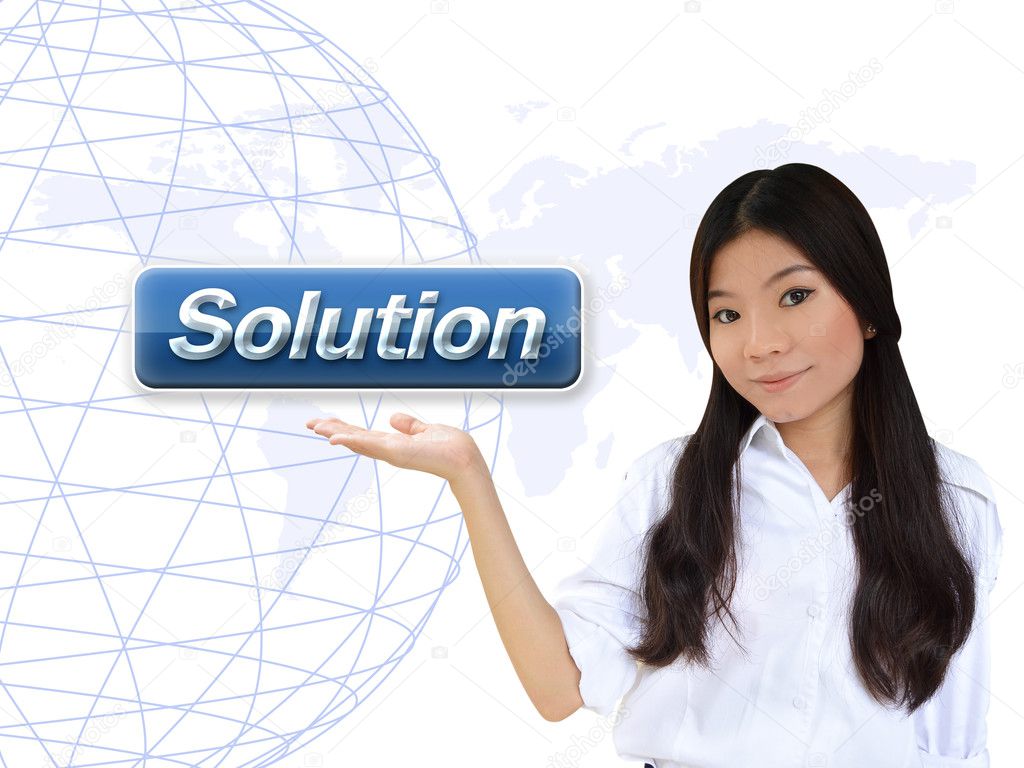 Business woman with solution button