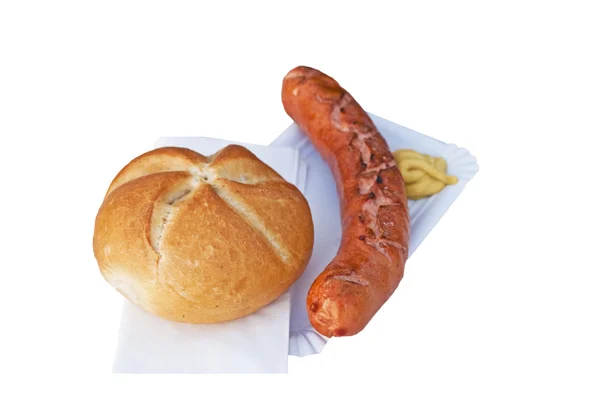 Duitse Braadworst met broodje en mosterd — Stockfoto