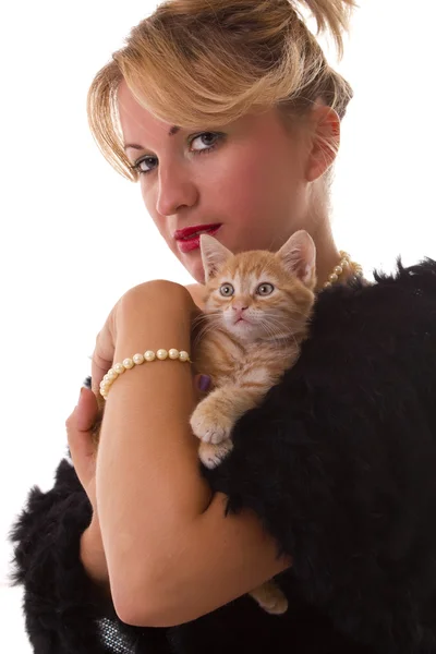 Žena drží její krásná kočka — Stock fotografie
