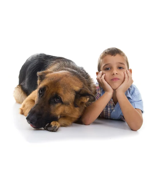 Jongen en hond ontspannen — Stockfoto