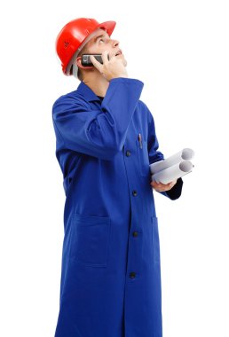 Engineer looking up while talking on the phone clipart