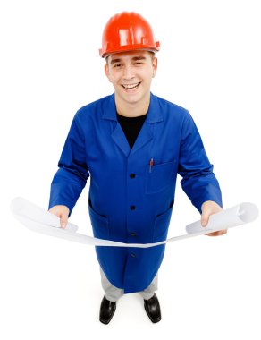 Laughing engineer holding project plans clipart