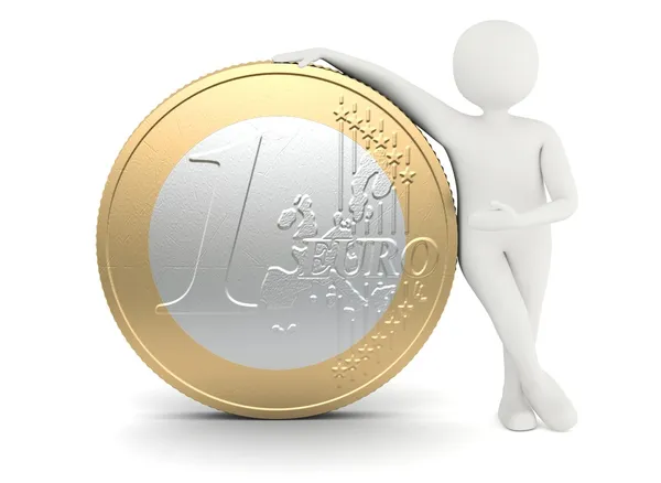 Hombre blanco de pie cerca de moneda de euro de gran tamaño —  Fotos de Stock