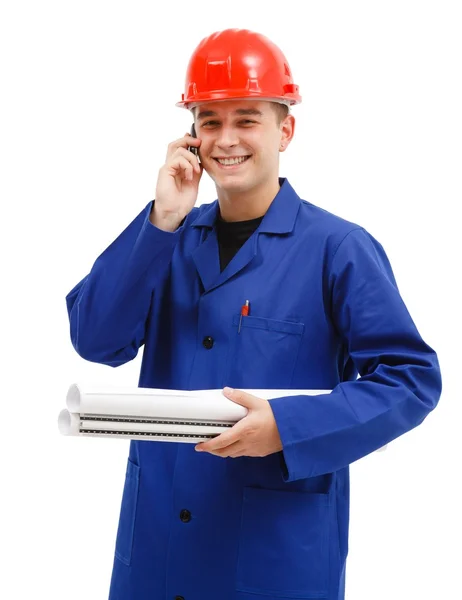 Happy engineer talking on the phone — Stock Photo, Image