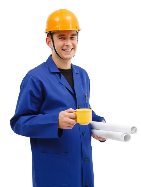Uśmiechający się trzyma kawę i projektów planów architekta — Zdjęcie stockowe