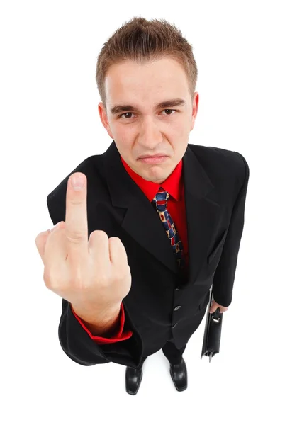 Нещасний бізнесмен, що показує середній палець — стокове фото