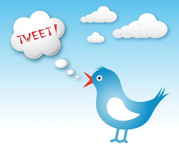 Twitter pássaro e nuvem de texto com tweet —  Vetores de Stock