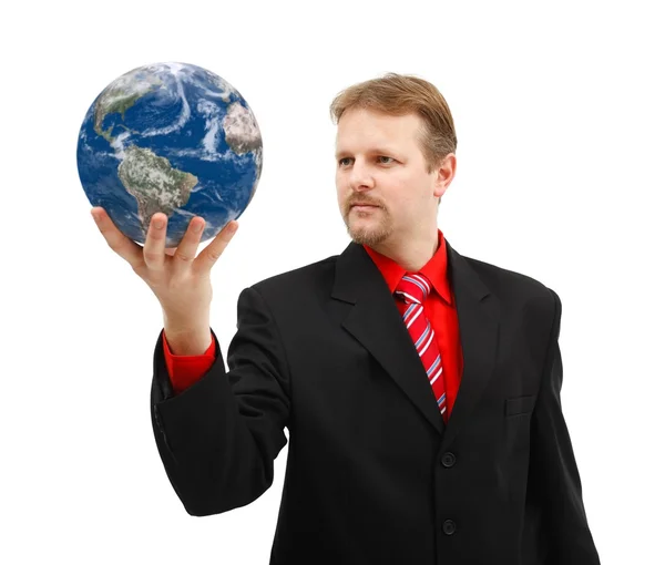 Homem segurando globo terrestre em sua mão — Fotografia de Stock