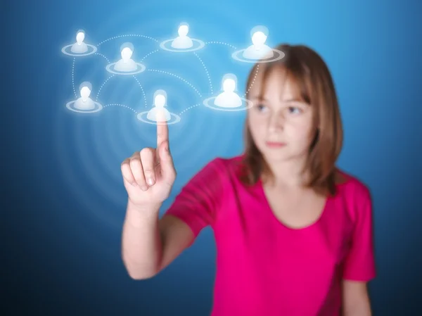 Girl pointing on touch screen a social network member — Stock Photo, Image