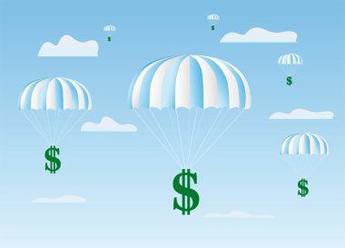 The dollars sign goes down on a parachute clipart