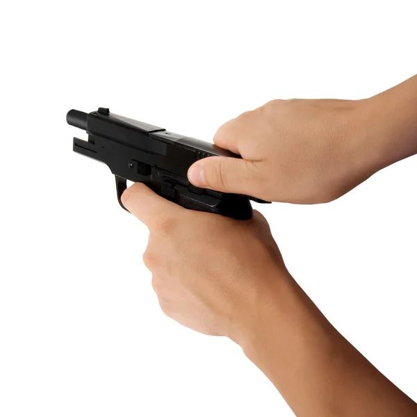 Mano e pistola isolate su bianco — Foto Stock